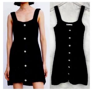 Zara Eyelash Textured Sleeveless Mini Dress Rhinestone Jewel Buttons Retro Black